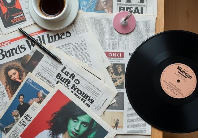 Image representing album art or music publications laid out, symbolizing successful launch coverage.