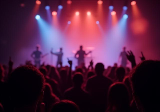 Photo of a band performing live on stage to a crowd, depicting a successful tour.